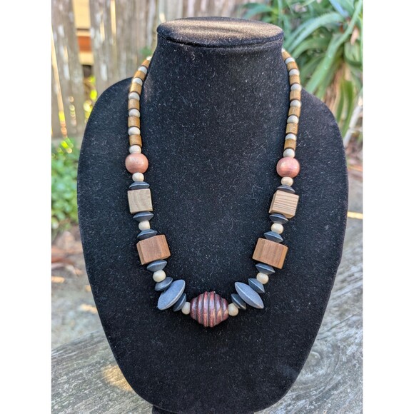 Vintage Wood Beaded Necklace: Earthtone Chunky Necklace - Picture 1 of 11